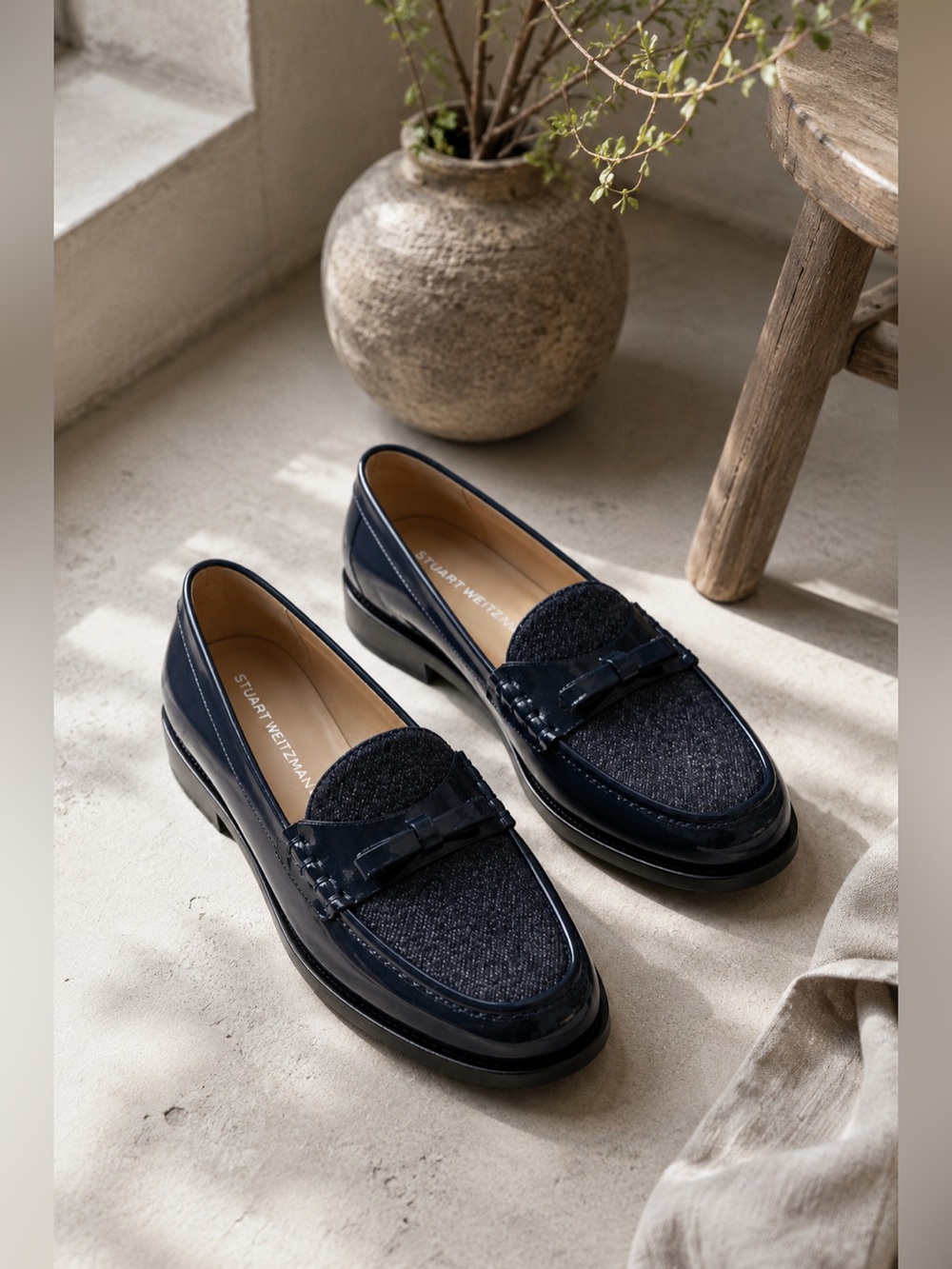 Stuart Weitzman Navy‎ Patent Tweed Lottie Bow Loafers Quiet Luxury Office Chic